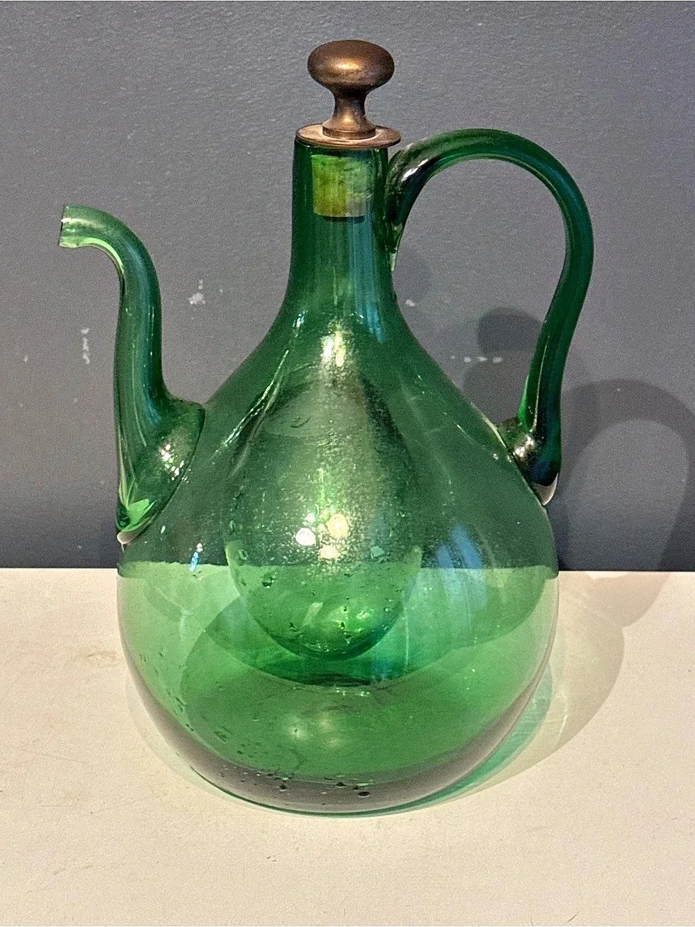 Glass Decanter Green Vintage Italian Hand Blown Mid Century Bar Decor
